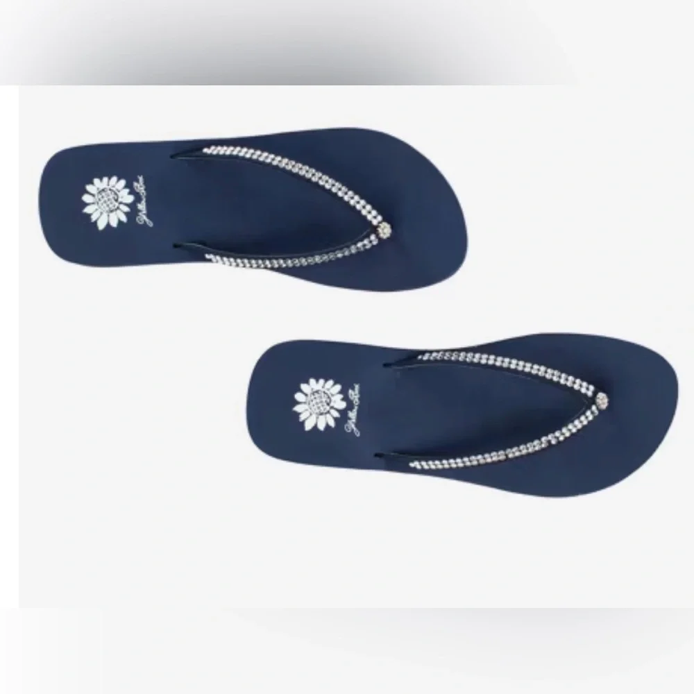 NWOT Yellow Box Jello Wedge Navy Rhinestone Flip Flop Women’s Sandal Sz 9.5